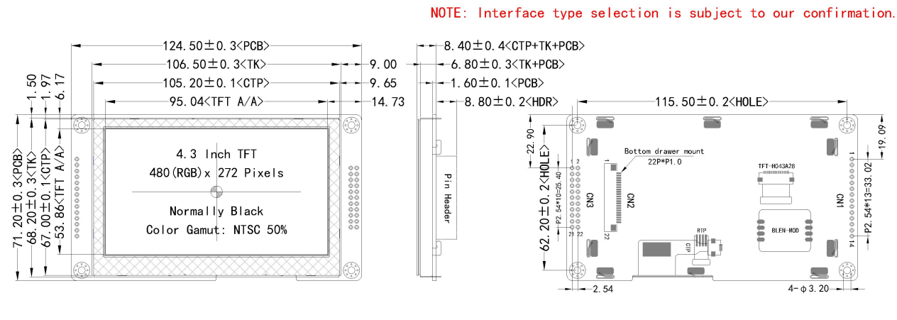 4.3 Inch 480x272 TFT LCD Module NV3041 Driver SPI QSPI MCU Interface Wide Temperature Industrial Touch Display .png